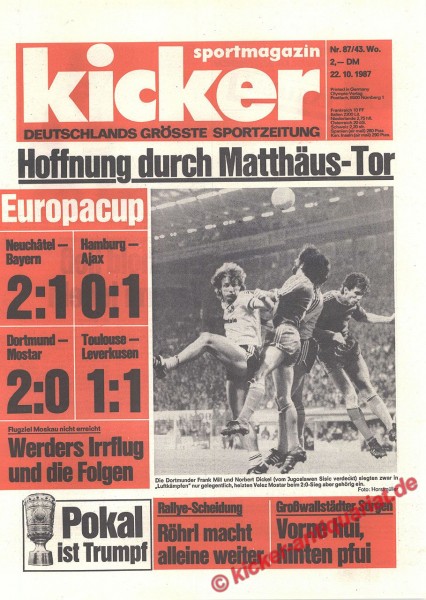 Kicker Sportmagazin Nr. 87, 22.10.1987 bis 28.10.1987