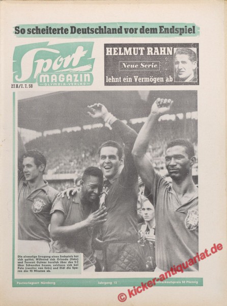World Cup Final Brazil - Sweden 5-2. Original German newspaper. Pele, Orlando, Gylmar, Didi.