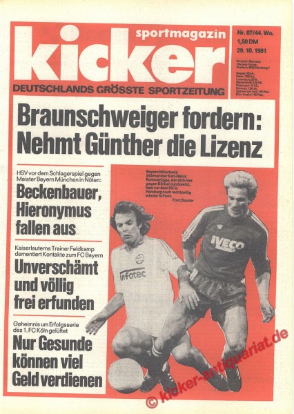 Kicker Sportmagazin Nr. 87, 29.10.1981 bis 4.11.1981