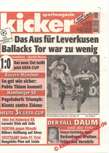 Kicker Sportmagazin Nr. 87, 26.10.2000 bis 1.11.2000