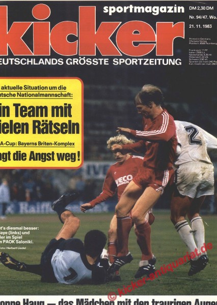 Kicker Sportmagazin Nr. 94, 21.11.1983 bis 27.11.1983