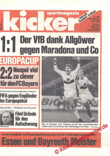 Kicker Schlagzeile: 1:1 Der VfB dank Allgöwer gegen Maradona und Co.