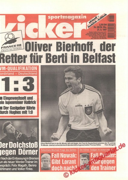 Kicker Sportmagazin Nr. 69, 21.8.1997 bis 27.8.1997