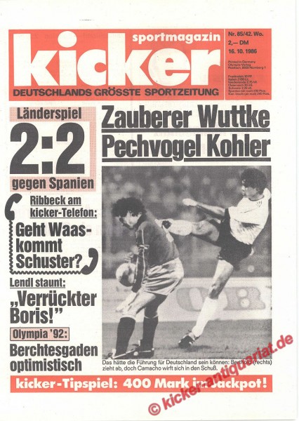 Kicker Sportmagazin Nr. 85, 16.10.1986 bis 22.10.1986