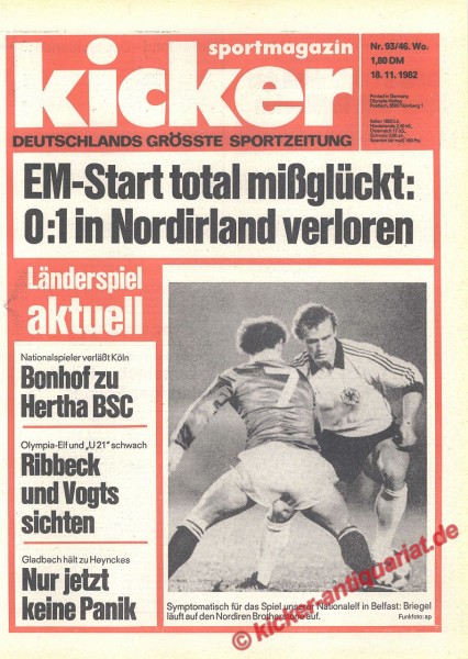 Kicker Sportmagazin Nr. 93, 18.11.1982 bis 24.11.1982