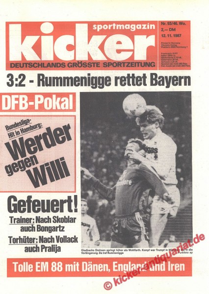 Kicker Sportmagazin Nr. 93, 12.11.1987 bis 18.11.1987