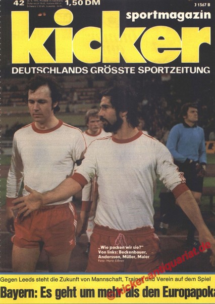 Original Kicker Zeitung vom 26. Mai bis 1. Juni 1975 mit Beckenbauer, Müller und Maier – FC Bayern vor dem Europapokalfinale 1975 gegen Leeds.