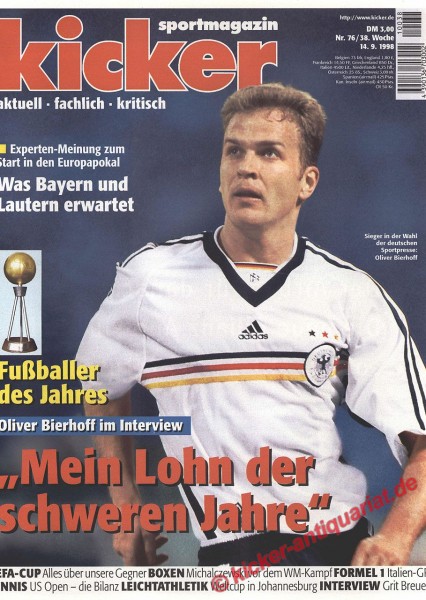 Kicker Sportmagazin Nr. 76, 14.9.1998 bis 20.9.1998