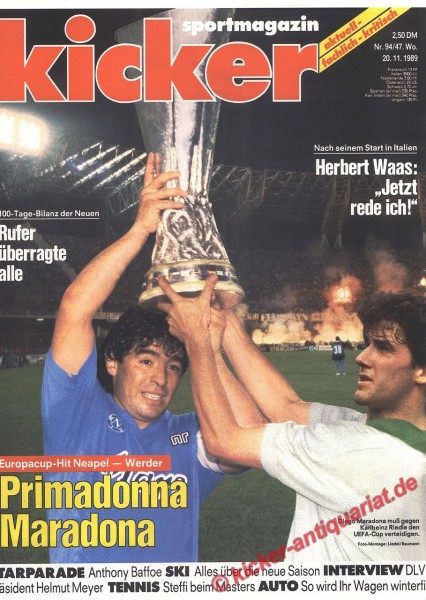 Kicker Schlagzeile: Europacup-Hit Neapel - Werder. Primadonna Maradona.