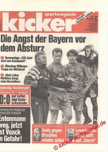 Kicker Sportmagazin Nr. 91, 11.11.1993 bis 17.11.1993