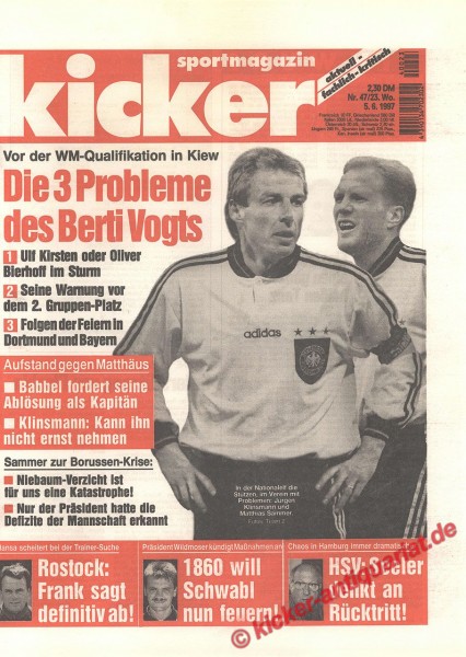 Kicker47/1997 mit Jürgen Klinsmann und Matthias Sommer auf Titelseite in Nationaltrikot!