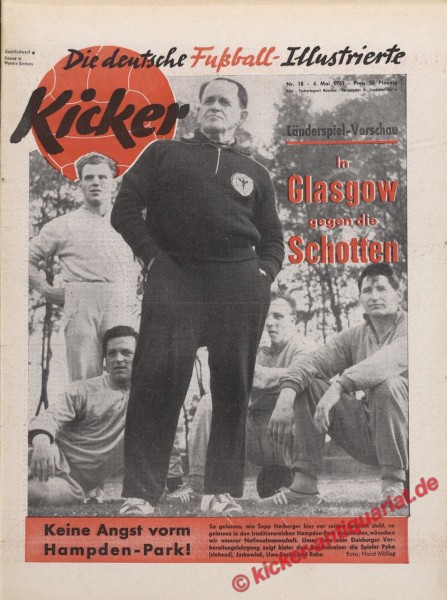 Kicker 1959: Sepp Herberger, Pyka (stehend), Juskowiak, Uwe Seeler und Rahn