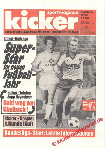 Kicker Sportmagazin Nr. 65, 7.8.1986 bis 13.8.1986