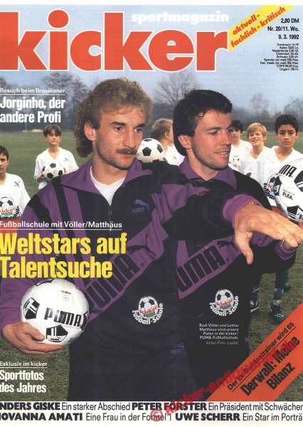 Kicker Sportmagazin Nr. 20, 9.3.1992 bis 15.3.1992