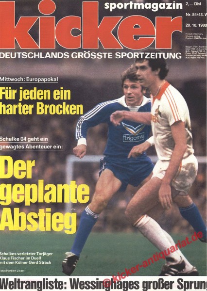 Kicker Sportmagazin Nr. 84, 20.10.1980 bis 26.10.1980