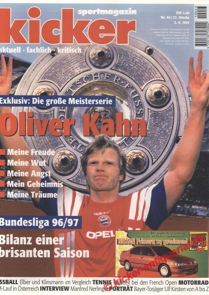 Kicker 46/1997 vom 2. Juni 1997: Deutscher Meister 1997 FC Bayern München. Titelfoto: KING Oliver Kahn mit Bilanz einer brisanten Saison