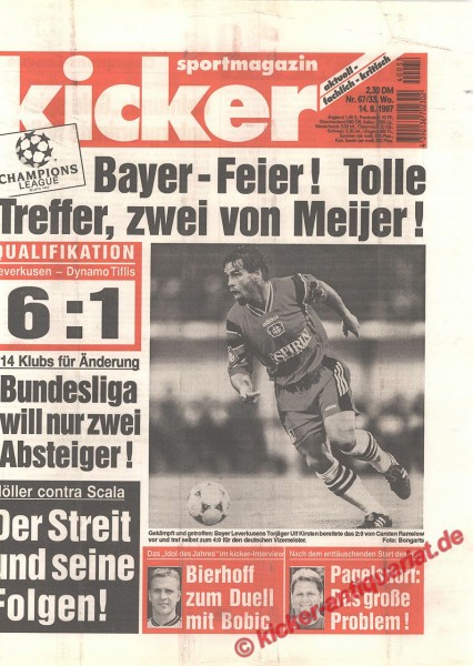 Kicker Sportmagazin Nr. 67, 14.8.1997 bis 20.8.1997