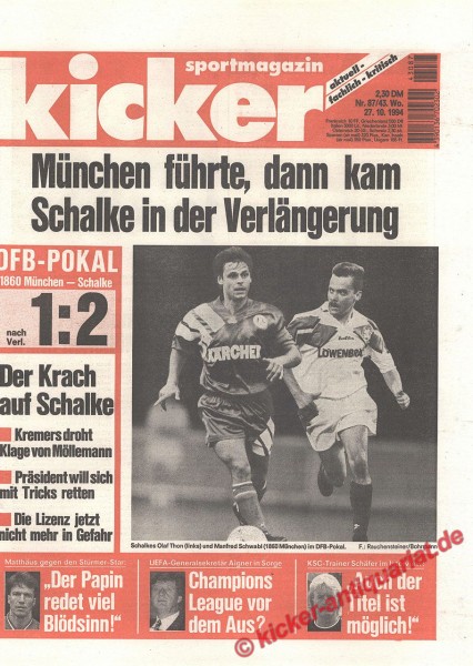 Kicker Sportmagazin Nr. 87, 27.10.1994 bis 2.11.1994