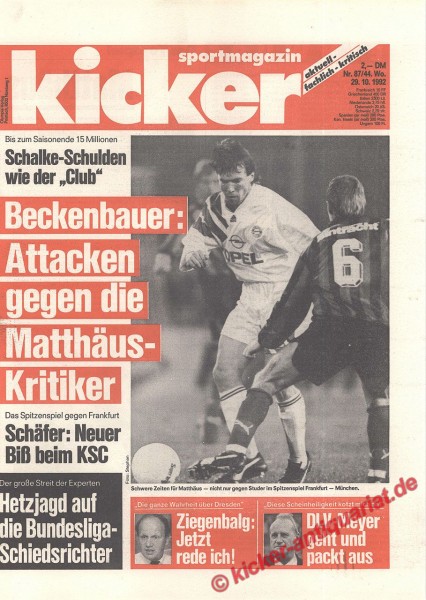Kicker Sportmagazin Nr. 87, 29.10.1992 bis 4.11.1992