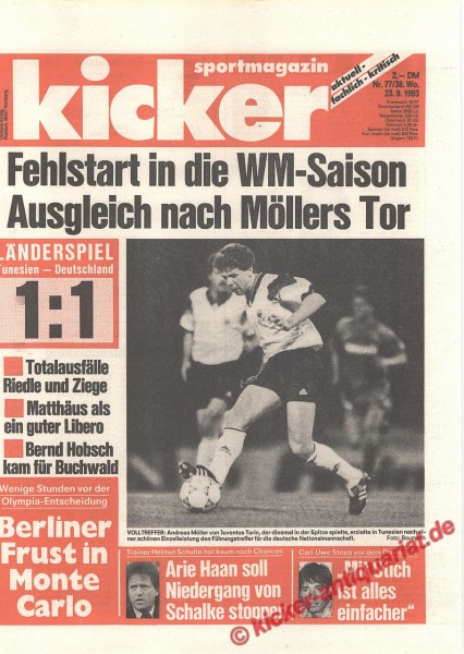 Kicker Sportmagazin Nr. 77, 23.9.1993 bis 29.9.1993
