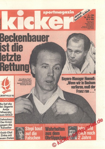Kicker Sportmagazin Nr. 15, 20.2.1992 bis 26.2.1992