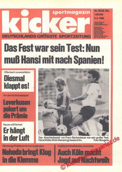 Kicker Sportmagazin Nr. 45, 3.6.1982 bis 9.6.1982
