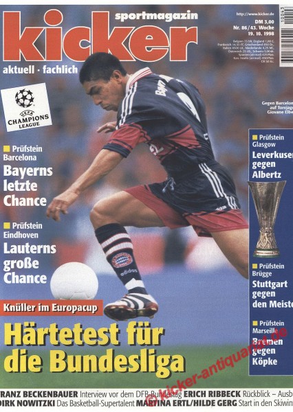Kicker Sportmagazin Nr. 86, 19.10.1998 bis 25.10.1998