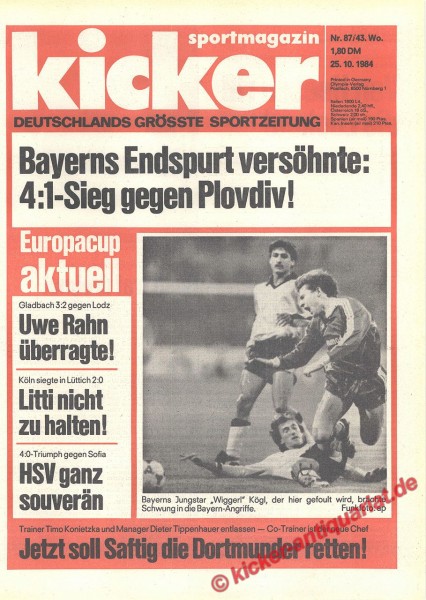 Kicker Sportmagazin Nr. 87, 25.10.1984 bis 31.10.1984