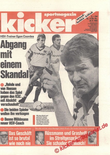 Kicker Sportmagazin Nr. 77, 24.9.1992 bis 30.9.1992