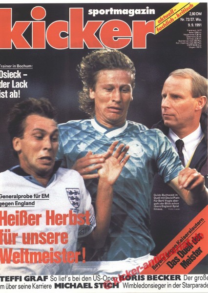 Kicker Schlagzeile: Generalprobe für EM gegen England. Heißer Herbst für unsere Weltmeister ! Kicker Titelbild: Guido Buchwald (DFB) und David Platt (England)