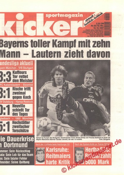 Kicker Sportmagazin Nr. 85, 16.10.1997 bis 22.10.1997
