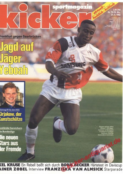 Kicker Sportmagazin Nr. 76, 21.9.1992 bis 27.9.1992
