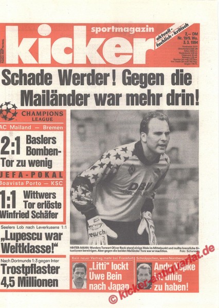 Kicker Sportmagazin Nr. 19, 3.3.1994 bis 9.3.1994
