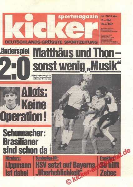 Kicker Sportmagazin Nr. 27, 26.3.1987 bis 1.4.1987