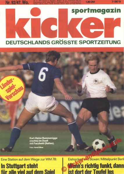 Kicker Sportmagazin Nr. 92, 14.11.1977 bis 20.11.1977