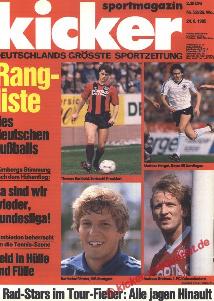 Kicker Sportmagazin Nr. 52, 24.6.1985 bis 30.6.1985