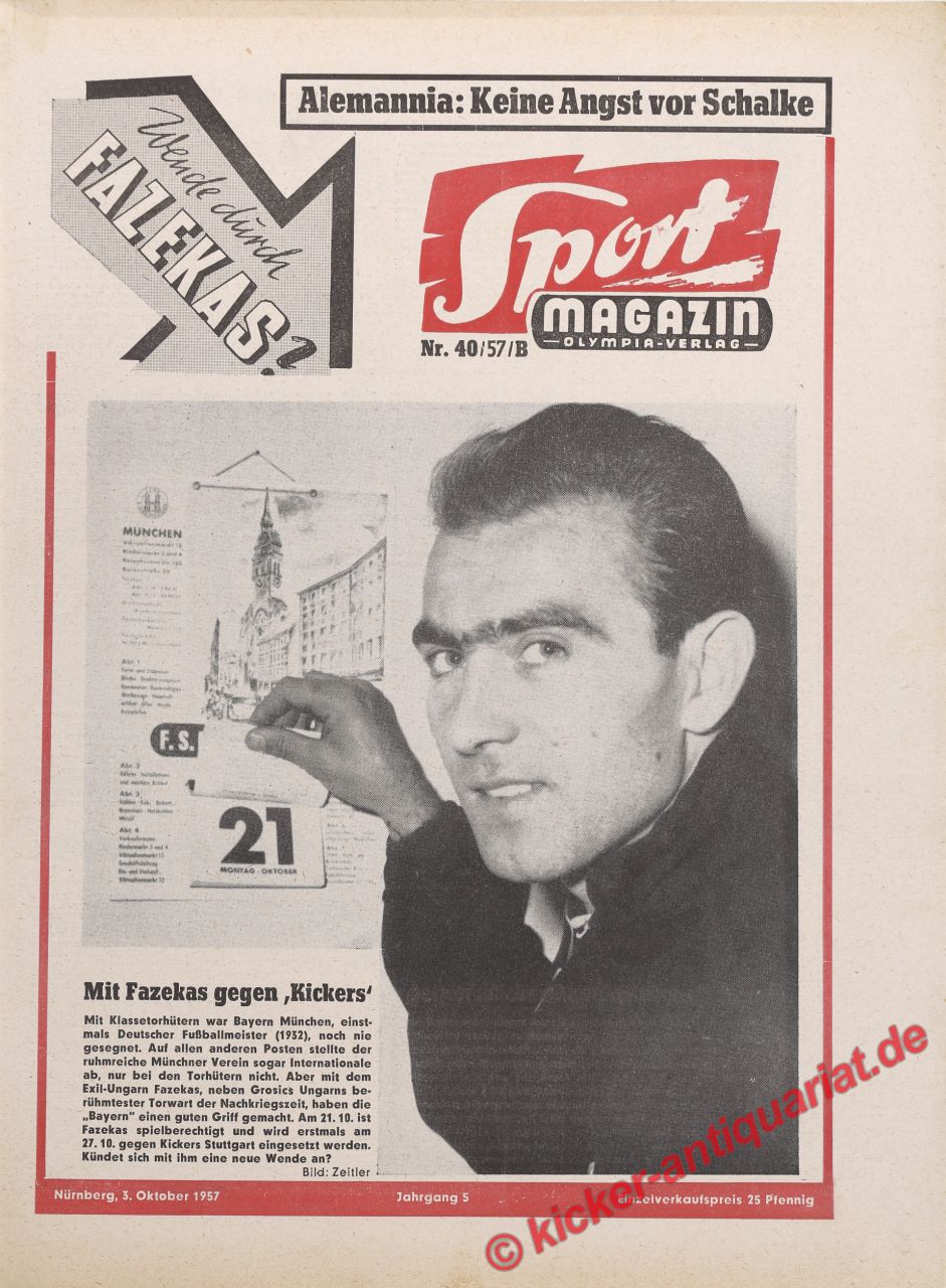 Original alte Zeitung Kicker das Sportmagazin vom 10.10.1957