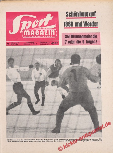 Fussball Zeitung 1965: Das Titelbild zeigt Küppers (Dritter von links) beim 3:0-Tor und rechts Fraydl. Ein Moment, der die Klasse von 1860 München unterstreicht.
