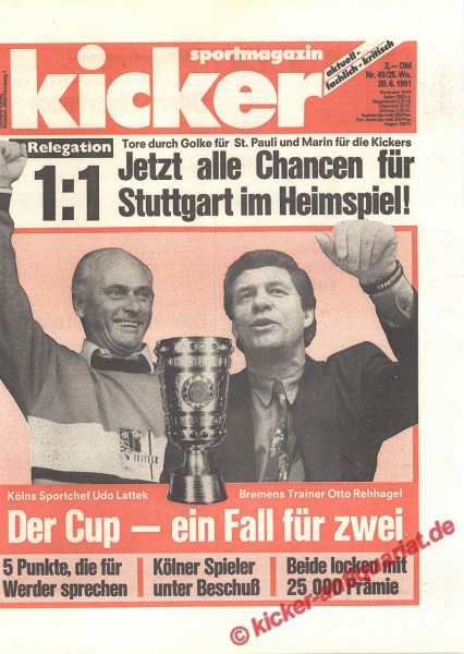Kicker Schlagzeile: Relegation 1:1. Tore durch Golke für St. Pauli und Marin für die Kickers. Jetzt alle Chancen für Stuttgart im Heimspiel!
