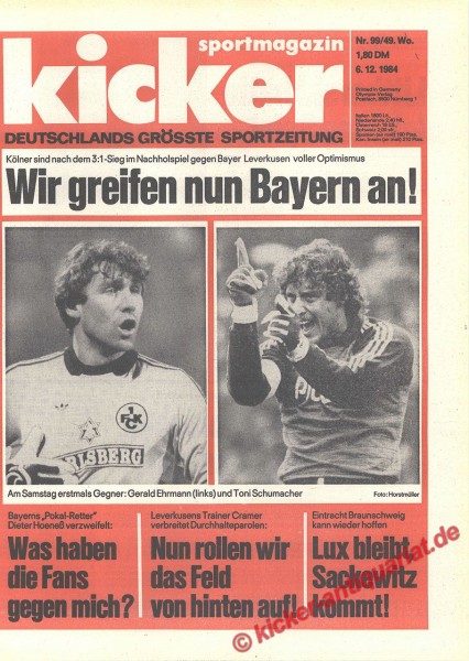 Kicker Sportmagazin Nr. 99, 6.12.1984 bis 12.12.1984