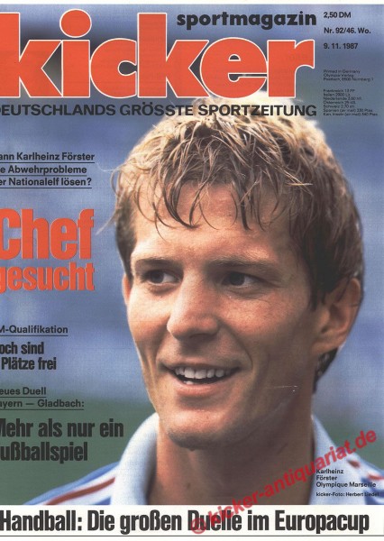 Kicker Sportmagazin Nr. 92, 9.11.1987 bis 15.11.1987