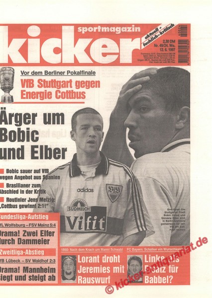 Kicker 49/1997 vom 12.6.1997Vor dem Pokalfinale: VFB Stuttgart gegen Energie Cottbus. Titelfoto: Fredi Bobbie und Givane Elmer: