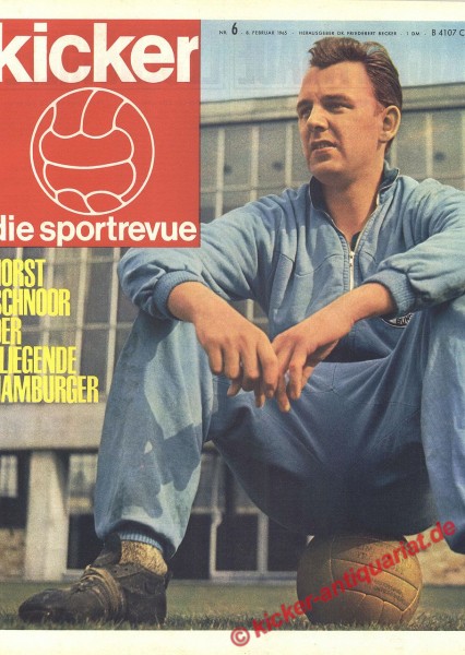 Historische Zeitung 1965! Kicker Sportrevue Nr. 6 mit der Titelstory über Horst Schnoor – "Der fliegende Hamburger". Perfekt als Geschenk und Zeitdokument.