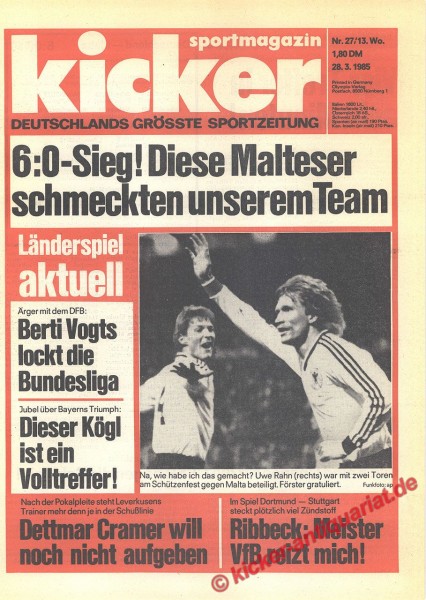 Kicker Sportmagazin Nr. 27, 28.3.1985 bis 3.4.1985