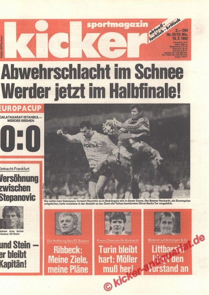 Kicker Sportmagazin Nr. 23, 19.3.1992 bis 25.3.1992