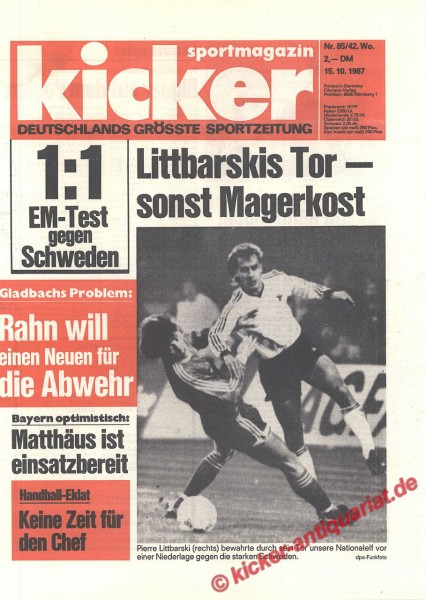 Kicker Sportmagazin Nr. 85, 15.10.1987 bis 21.10.1987