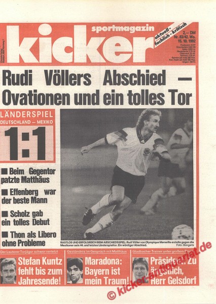 Kicker Sportmagazin Nr. 83, 15.10.1992 bis 21.10.1992