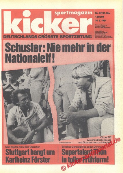 Kicker Sportmagazin Nr. 67, 16.8.1984 bis 22.8.1984