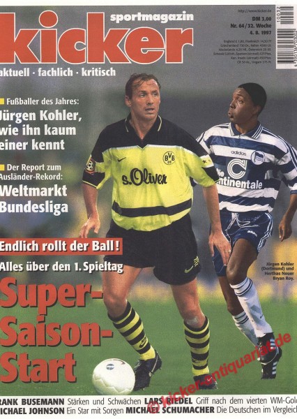Kicker Sportmagazin Nr. 64, 4.8.1997 bis 10.8.1997