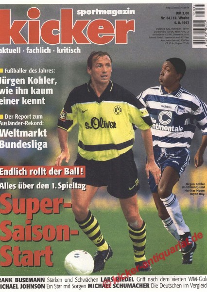 Kicker Sportmagazin Nr. 64, 4.8.1997 bis 10.8.1997